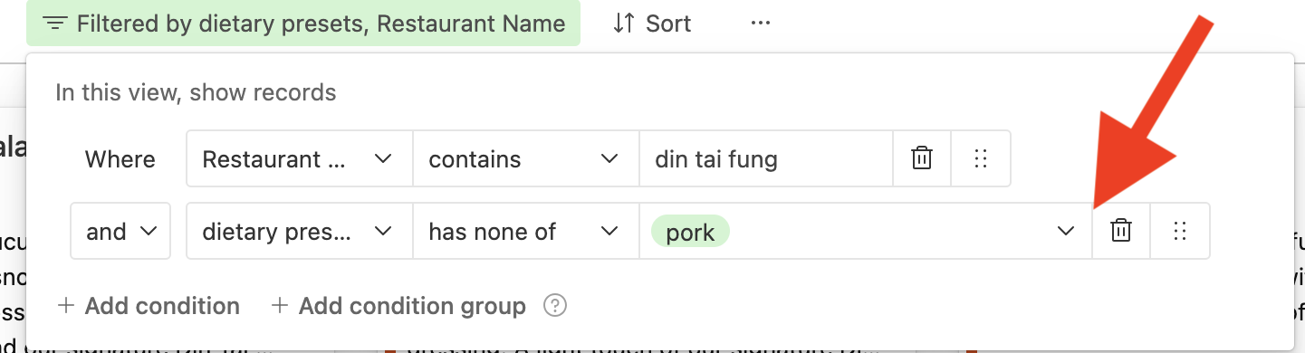 Cropped screenshot of the 'Lettuce Eat' filtering platform, with a red arrow pointed towards an example search filter showing 'dietary presets has none of pork'.